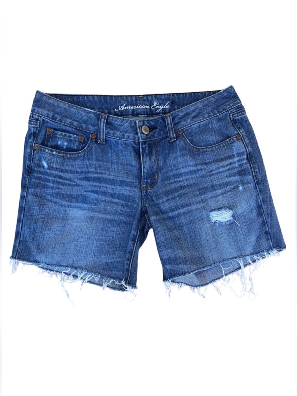 American Eagle Cotton Distressed Ripped Frayed Edges Mid Wash Cut Of Jeans‎ 6